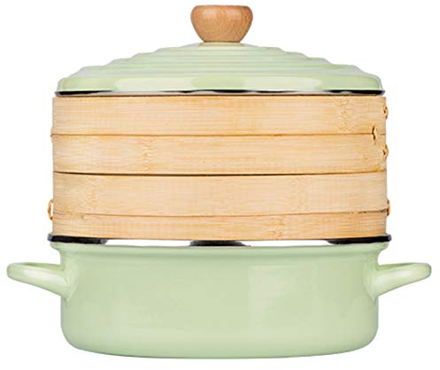 KELUNIS Bamboo Steamer Basket Set, Cooking Healthy Food, Include 2 Tier 9.8Inch Steamer - 10.2Inch Enamel Double Ear Soup Pot with Lid - for Rice, Vegetables, Fish, Meat & Desserts