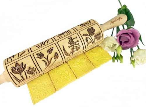 FRÜHLINGSBLUMEN Nudelholz mit Muster - Teigroller Holz Frühling Blumen für DIY hausgemacht Plätzchen, Keramik - Graviert Plätzchenrolle mit Motiv Blumchen - 3D Plätzchen Roller von Algis Crafts