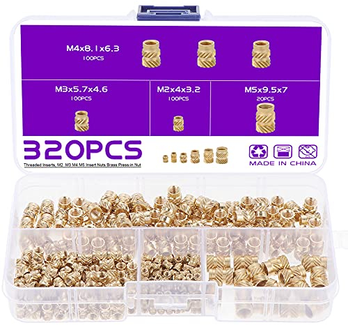 Gueenky 320 Stück Gewindeeinsatz 3D Druck Messing, M2 M3 M4 M5 Gewindeeinsatz Innengewinde, 4 Größen Einpressmuttern Sortiment für 3D Drucker Kunststoffteilen Spritzguss