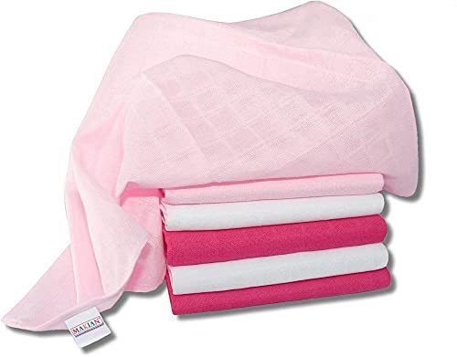 Mulltücher/Mullwindeln/Spucktücher / 6er Pack, 70x70cm, schadstoffgeprüft Öko-Tex Standard 100, 100% BW, doppelt gewebt, Premium Qualität - (Rosa Weiß)