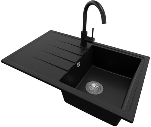 PRIMAGRAN Fregadero Granito Negro 78x50cm, Cocina 1 Seno + Grifo 32x20cm + Sifón, Sobre encimera al mueble 45cm - Milano S009