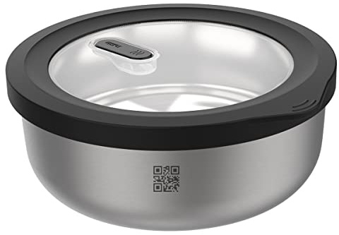 GEFU Frischhaltedose PROVIDO 2000 ml - Runde Vorratsdose aus Edelstahl | Luftdichter Gefrierbehälter für Mikrowelle & Ofen, stapelbar, mit QR-Code zur Vorratskontrolle per App (Android)