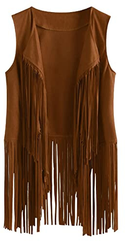 FEOYA Women's Gilet Fringe Vest Tassel Waistcoat Open Front Cardigans Faux Suede Sleeveless Jacket Coat Retro Vintage Hippie Gilet Plus Size Casual Loose Lapel Vest Top Spring Autumn Winter Khaki XXL