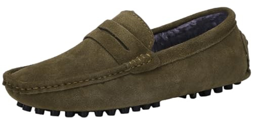Jamron Män Mocka Läder Penny Loafers Komfort Körskor Mockasin Tofflor Plyschfodrad Plyschfodrad Kaki 2088-2 EU44