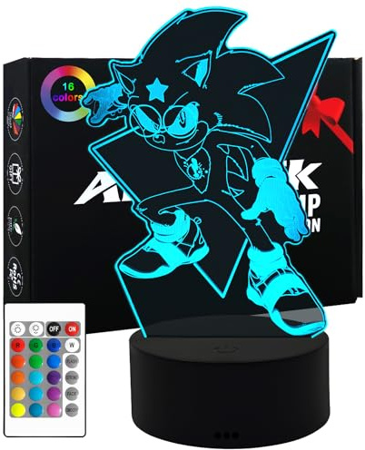 AIRUEEK Sonic Juguete,Sonic Lampara De Mesa De Anime Con Control Remoto De Sincronización y 16 Cambios De Color, De Luz Nocturna 3d Juguetes Sonic Niños, Hombres