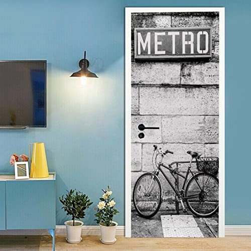 A.Monamour Türtapete Selbstklebend Türfolie Türposter 3D Fahrrad Gegen Eine Steinblockwand Unter Einem U-Bahn-Schild Weiß Und Schwarz Vinyl Folie Tapete Wandbild Türaufkleber Türtattoo 77 x 200 cm