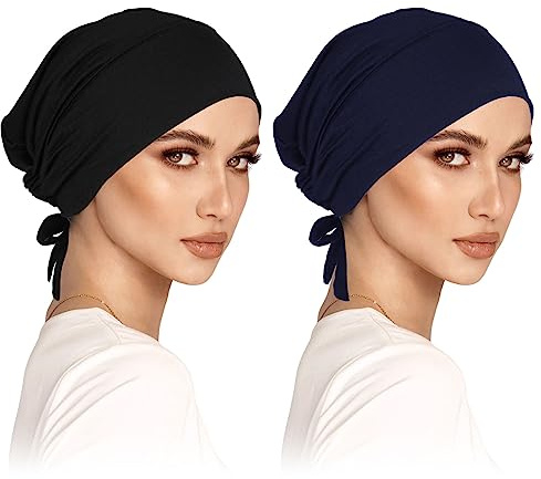 2er Pack Turban Damen Frauen Undercap Hijab Cap Unterschal Klassische Slouch Beanie Mütze Islamische Muslimische Mit Tie Back Solid Color Kopfbedeckung Chemo Kopftuch Schlafmütze