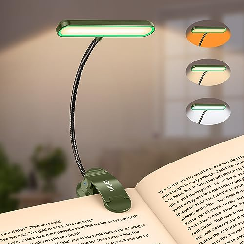 Gritin Rechargeable Book Light for Reading in Bed with 19 LED &Memory Function-Eye Caring 3 Color Temperatures,5 Brightness Levels,90 Hrs Runtime Flexible Goose Neck Clip on Light-Deep Green