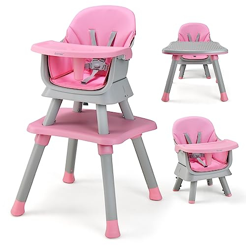 RELAX4LIFE 6 in 1 Seggiolone Pappa, Seggiolone Multfunzionale e Evolutivo con Imbracatura a 5 Punti, Vassoio Rimovibile e Regolabile, Tavolino e Sedia, per Neonati e Bambini 6-36Mesi, 25KG (Rosa)