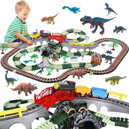 JONRRYIN Eisenbahn Elektrisch, 259 Stück Dinosaurier Elektrische Zug, Eisenbahnschiene Spielzeug mit Zug und Autobahnautos, Autorennbahn Dino Eisenbahn Set für Kinder Ab 2-7 Jahren