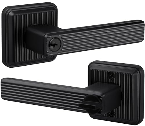 LOQRON Türgriff mit Schlüssel und Schloss, quadratischer Streifen-Stil, robuster Türhebel-Eingang in mattem Schwarz, wendbar für rechte und linke Seite, Büro-/Haustür