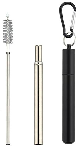 Reusable Drinking Straw Stainless Steel Collapsible Straws with Case and Cleaning Brush Portable Metal Telescopic Drinking Straw Food Grade Metal Straws Drinking for Home Travel - Black