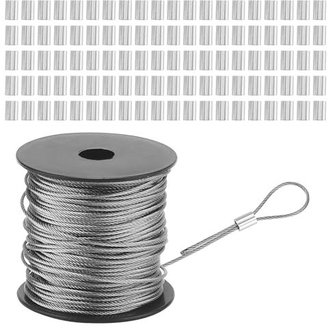 JIAYUET 1.5mm x 50m Wire Rope, 1/16 IN x 164 FT Stainless Steel Wire Cable, 7 x 7 Strand Core Metal Cable with 100 Aluminum Crimping Loop Sleeve