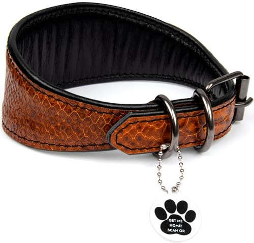 FAVPET Mjukt läderhalsband med QR ID-etikett och nya förtjockade metallringar för Whippet italiensk greyhound Saluki Borzoi Galgo spanska, stort hundhalsband (brun, M)