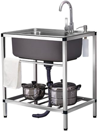 Spüle Edelstahl,Edelstahl Waschbecken für den Außenbereich,Outdoor Garage Garten Camping Keller Ausgussbecken mit Backsplash Abfluss Sieb,Spülbecken mit Warm Kaltwasserhahn (Size : 68 * 44cm)