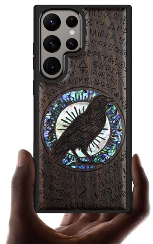 Carveit Handcrafted Case for Galaxy S24 Ultra (Haloed Crow-Blackwood) | Samsung Galaxy S24 Ultra Case - Compatible with MagSafe Wireless charger - Wood Engraved Shell Inlaid - TPU Shockproof Bumper