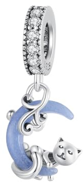 Qings Charmes de Chat Lune pour Bracelets et Colliers en Argent 925 Lumineux Charms Animaux Cat pour Femmes Filles