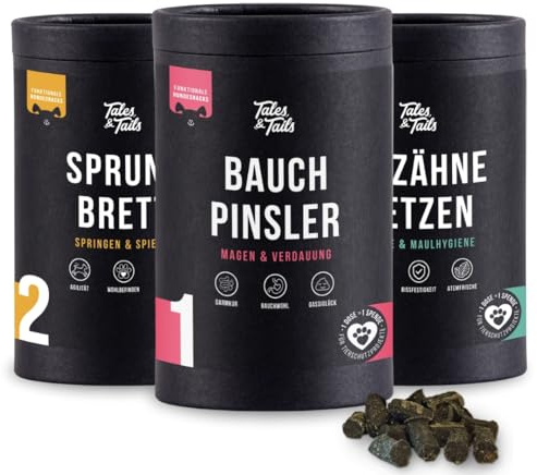 Tales & Tails - Rundum-Sorglos-Paket 3er Paket aus Snacks für Verdauung | Sprungkraft und Zahnpflege | Für Allergiker | Getreidefrei | 3 Dosen - 3 x 325g