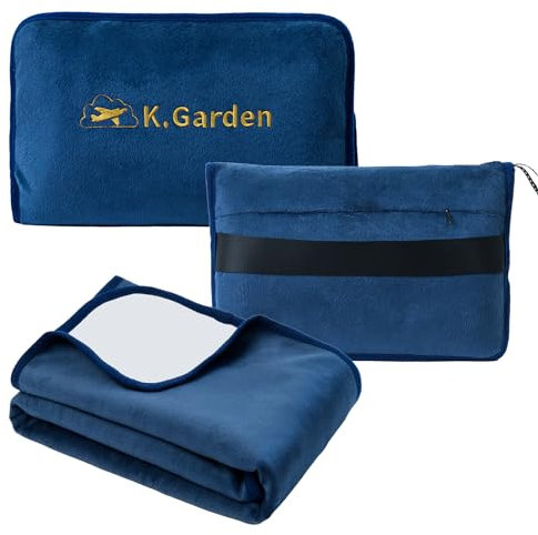 K.Garden Reise-Kühldecke und -kissen - Weiche 2-in-1-Flugzeug, kompaktes Flugzeug, Autokissen, Reisegeschenke, Zubehör, kompakte Packung, Decke für jede Reise, mit Gepäck, Rucksackgurt, Blau