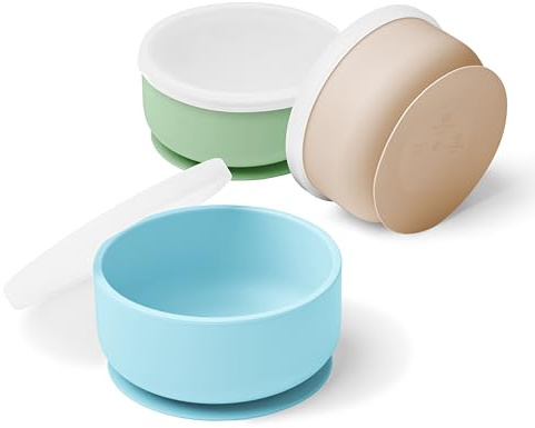 Navik | Ciotola con ventosa per bambini | Ciotola per bambini con coperchio | Ciotola in Silicone con Ventosa per Neonato e Bambino | set pappa svezzamento | Blu, verde e beige