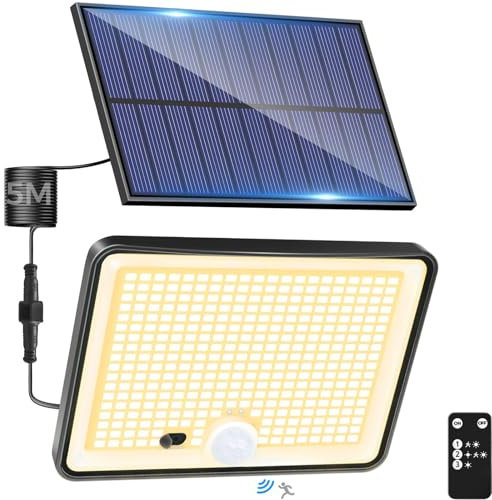 LOTMOS 1 Pezzo Luce Solare Led Esterno con Sensore di Movimento, 342 LED Faretti Solari a Led da Esterno IP65 Impermeabile, 3 Modes Faretto Solare con Telecomando per Giardino, Bianco Caldo