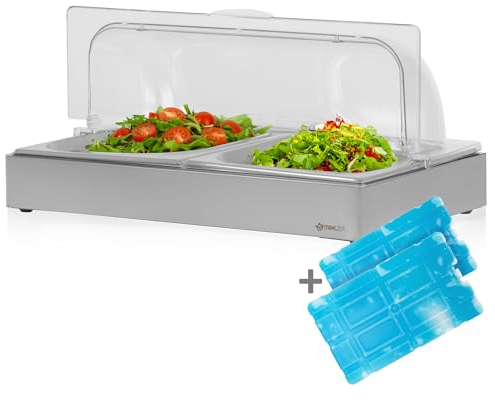 Mahlzeit Kühl Servierplatte | 54 x 34 x 24,5 cm | 2x GN 1/2 Kühlplatte mit Haube, System Kühlschale mit Kühlakku | Frischhalteplatte, Servierhaube mit 2 Kühlakkus | Catering Platte, Buffetvitrine