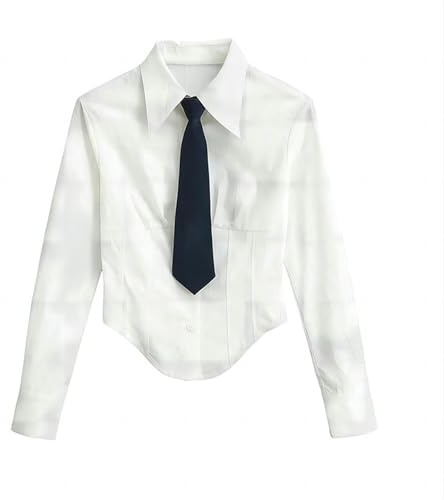 Damen College Style Vielseitiger Langarm Revers Einreihiger Button-Down mit Krawatte und schickem Hemd - Weiß - S