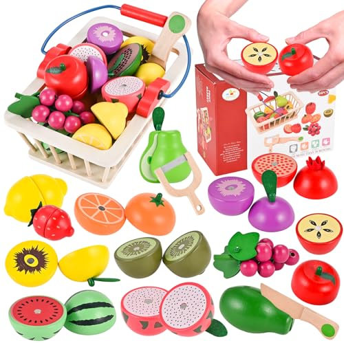 GOLDGE Kinderküche Zubehör Holz Spielküche Zubehör mit Obst Gemüse, Obst zum Schneiden mit Magnet, Küchenzubehör Kinder Holz Küchenspielzeug Lernspielzeug ab 3 Jahre Junge Mädchen