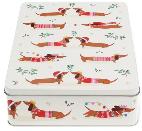 Dotcomgiftshop Keksdose Sausage Dog - Festlicher Dackel Dose square Blechdose rechteckig ca.27x19x6,5cm