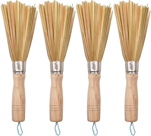 KOMUNJ Set di 4 spazzole per wok in bambù, spazzola per funghi, spazzole per la pulizia della cucina, spazzola per la pulizia della cucina, spazzola per la pulizia della casa, cordino colore casuale