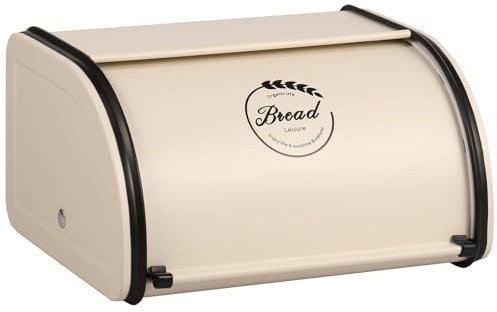 LuLobtg Metal Bread Bin with Roll Up Front Lid Countertop 25.5x21x14cm Retro Small Bread Box Kitchen Food Storage Bread Container for Homemade Bread, Toast, Bagel Dry Food Fruits (White+Black)