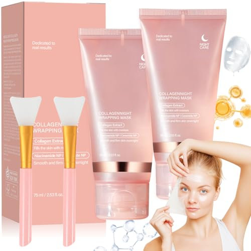 Collagen Night Wrapping Mask, 2 Stück 75ml Kollagen Maske für das Gesicht, Collagen Ma-ske Gesicht Overnight, Peel off Kollagen Maske, Bio Colla-gen Face Mask für Strahlende Haut