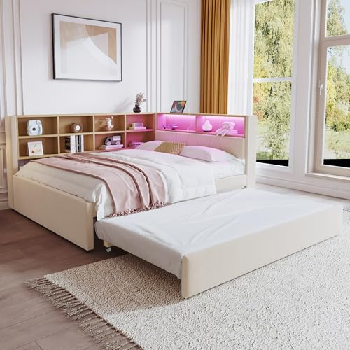 Canapé-lit Merax 140 x 200 cm, avec lit gigogne 90 x 190 cm, canapé convertible avec éclairage LED et compartiments de rangement, flanelle, beige (sans matelas)