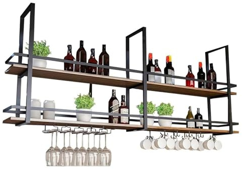 Generisch Scaffalatura da soffitto per vino, in ferro, per bicchieri da vino, decorazione industriale, porta bottiglie di vino a 2 strati, per bar, caffetteria, cucina, scaffale con supporto in vetro