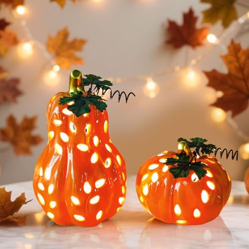 Herbstdeko Kürbis Deko Laterne Keramik, 2 Stück Herbst Dekoration Kürbis mit Ahornblatt, Halloween Deko Kürbis Herbst Deko Innen Kürbis Laterne für Erntedankfest Halloween Herbstdeko, Hohe Qualitä