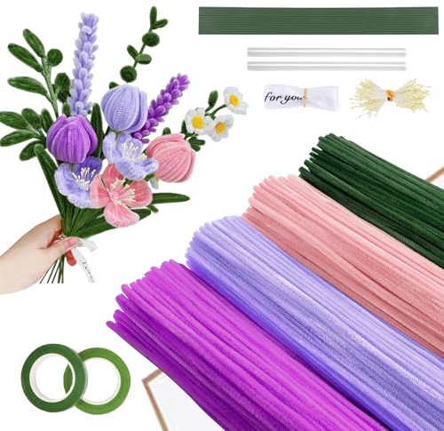 Moorle 400 Stück Pfeifenputzer, Pfeifenreiniger Blumen Bastelset, 5 Farben Pfeifenputzer zum Basteln, Pipe Cleaner für DIY Blumenstrauß Handwerk Dekorieren