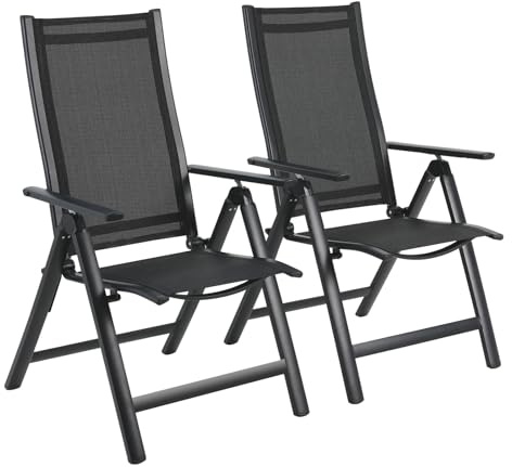LIFERUN Hochlehner Gartenstühle klappbar aus Aluminium, Balkonstuhl 2er Set, Mit 7-Fach Verstellbarer Rückenlehne, Klappstuhl für Balkon, Garten, Terrasse, Campingstühle, wetterfest, Schwarz, 2 Pcs