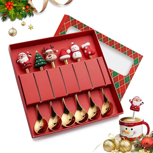 Kleinigkeiten für Adventskalender, panemy Cucharas de Postre, Cucharitas de Cafe, Cubiertos Navidad, Juego de Cubiertos Navidad, Decoracion Mesa Hogar, Para los Amantes del Café (6, J6H)
