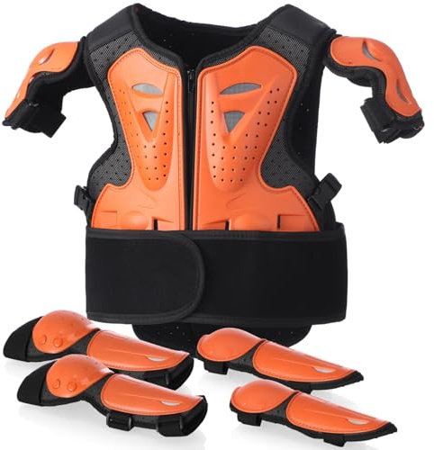 Peto Motocross Niño con Protecciones, Youth Chest Protector con Coderas y Rodilleras, Armadura Moto Infantil Ajustable para Dirt Bike, Ciclismo, Patinaje y Scooter para Edades 4–12 (Naranja)