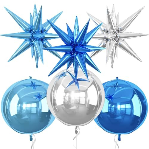 Fesnova 6 Stück Blau Silberne Folienballons, 4D Explosion Stern Folienballon Runde Metallic Luftballon Set, für Geburtstags, Hochzeits, Babyparty, Abschlussball, Party und Jubiläumsdekorationen
