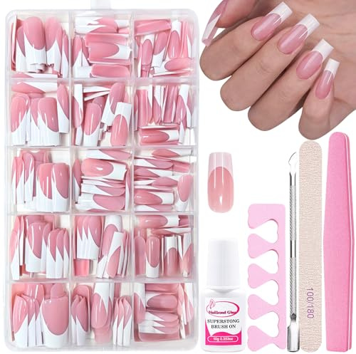 240 Stück French Nail Tips Full Cover Nageltips - Medium Coffin Press on Nails Kunstnägel Kit, künstliche Nägel French Tip Design - Französische Fingernägel für Nail Extensions (Rosa Ballerina French)
