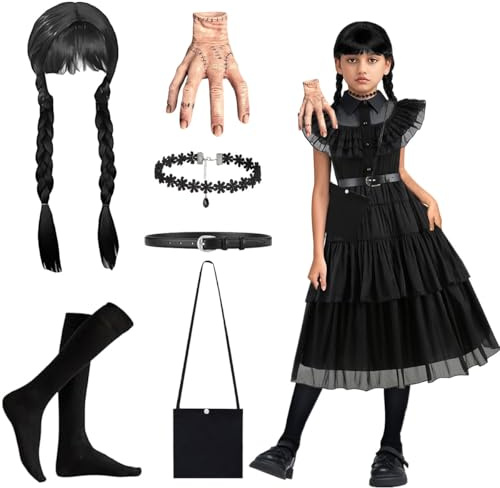 LGZIN Costume Mercoledì Bambina, Vestito Mercoledì Bambina, Nero Abito da Mercoledìs con Cintura, Calzini Lunghi, Collana, Parrucche, Borsa, Mano Protesica per Cosplay Halloween Carnevale (130 cm)