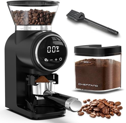 CHEFFANO Elektrische Kaffeemühle mit Kegelmahlwerk, 150W, 30 Mahlgrade, 2-12 Tassen, 160g Bohnenbehälter, Touchdisplay & Sicherheitsschutz