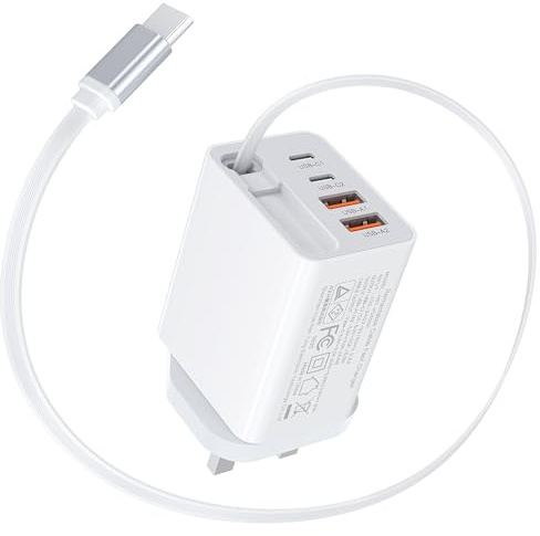 5-in-1 Retractable Gan Wall Charger Plug,40W USB C Fast Charger Block with 2.3ft Retractable Type C Cable,Multiport Phone Charger Travel Essentials Brick Power Adapter for iPhone 17/16,Galaxy S25/S24