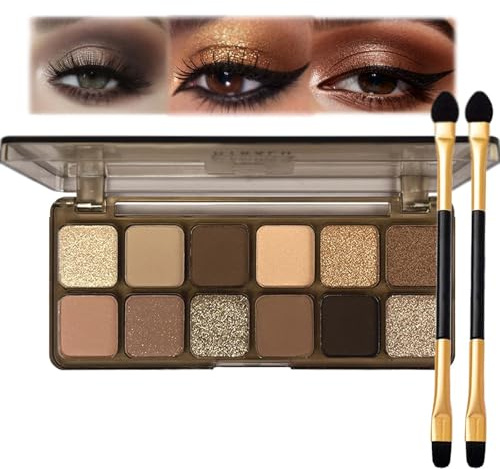 12-Color Smokey Matte Eyeshadow Palette with Nude & Dark Brown Shades, Silver & Gold Shimmer, Highly Pigmented Waterproof Long-Lasting Makeup Set with Brushes for Easy Application