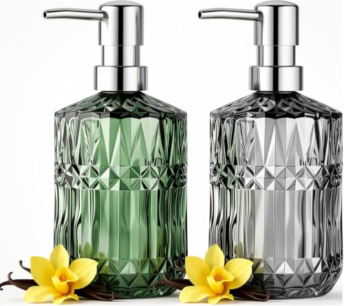Eulihent 2 Stück Seifenspender Glas 450ml Soap Dispenser Nachfüllbare Handseifenspender für Geschirrspülmittel, ätherisches Öl,Shampoo Lotion(Grü+Gray)