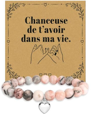 AHEZQILU Cadeau meilleure amie bracelet perles effet pierre avec carte message et boîte cadeau, meilleure amie femme, bijou amitié coeur pour anniversaire Noël départ retraite remerciement