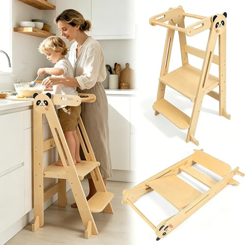 Lernturm Montessori Platzsparend und Höhenverstellbar Klappbar Lernstuhl für Kinder mit Kippschutz & Anti-Rutsch-Trittfläche für Kinder ab 1 Jahr Learning Tower, Tritthocker