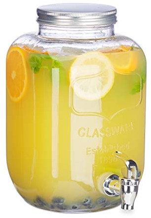 Relaxdays Getränkespender 5 l, Glas, Zapfhahn, Retro Saftspender Gastro, Vintage Limonadenspender Gartenparty, klar
