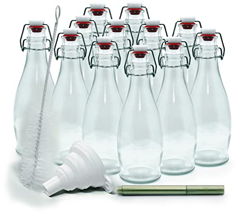 Nevlers Paquete de 12 botellas de vidrio con tapa abatible de 250 ml, botellas de vidrio transparentes con tapa, embudo plegable, cepillo de limpieza y marcador dorado, para uso como tarros de